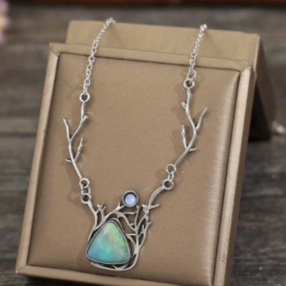 Silver Branch Necklace with Opal Pendant